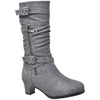 Kids Knee High Boots Ruched Leather Strappy Buckle  Zip Accent Low Heel Shoes Gray