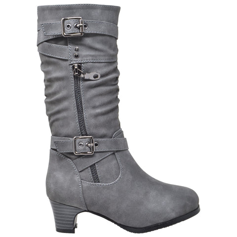 Kids Knee High Boots Ruched Leather Strappy Buckle  Zip Accent Low Heel Shoes Gray