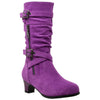 Kids Knee High Boots Ruched Leather Strappy Buckle Zip Accent Low Heel Shoes Purple
