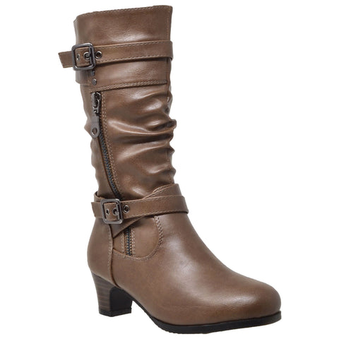 Kids Knee High Boots Ruched Leather Strappy Buckle Zip Accent Low Heel Shoes Taupe