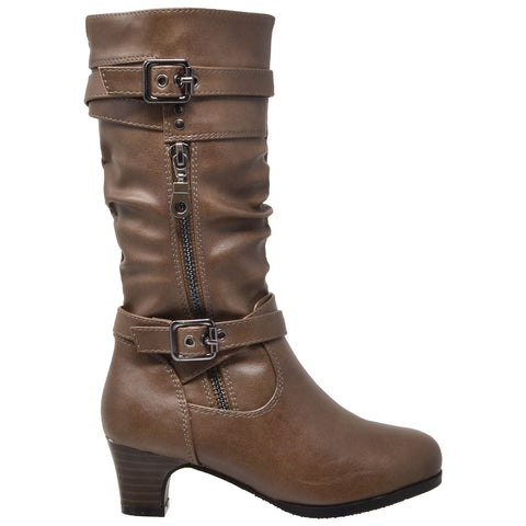 Kids Knee High Boots Ruched Leather Strappy Buckle Zip Accent Low Heel Shoes Taupe