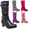 Kids Knee High Boots Ruched Leather Strappy Buckle Zip Accent Low Heel Shoes Purple