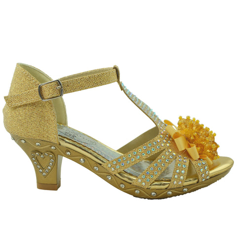 Kids Dress Sandals T-Strap Rhinestone Beaded Glit Buckle High Heel Shoes Gold