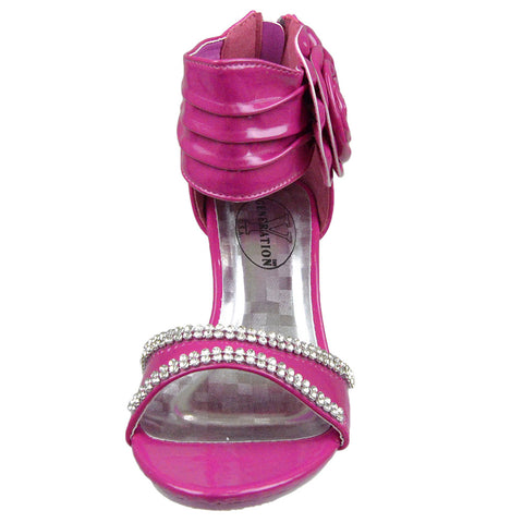 Kids Dress Sandals Flower Rosette Rhinestones Adjustable Ankle Strap Pink