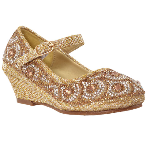 Kids Dress Shoes Ankle Strap Glitter Rhinestone Wedge Pumps Gold