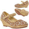 Kids Dress Shoes Ankle Strap Glitter Rhinestone Wedge Pumps Gold