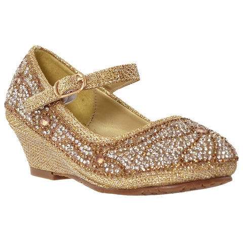 Kids Dress Shoes Ankle Strap Glitter Rhinestone Crystal Wedge Pumps Gold