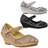 Kids Dress Shoes Ankle Strap Glitter Rhinestone Crystal Wedge Pumps Silver