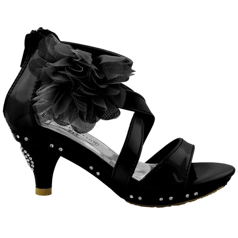 Kids Dress Sandals Rhinestone Bow Accent Strappy Flower High Heel black