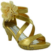 Kids Dress Sandals Rhinestone Bow Accent Strappy Flower High Heel Gold