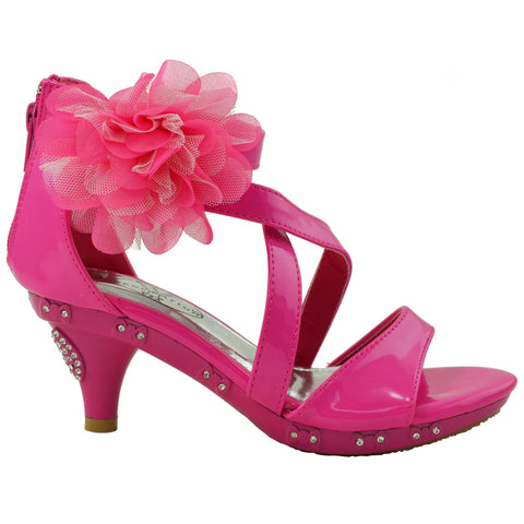 Kids Dress Sandals Rhinestone Bow Accent Strappy Flower High Heel Pink
