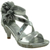 Kids Dress Sandals Rhinestone Bow Accent Strappy Flower High Heel Silver