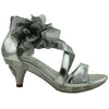 Kids Dress Sandals Rhinestone Bow Accent Strappy Flower High Heel Silver