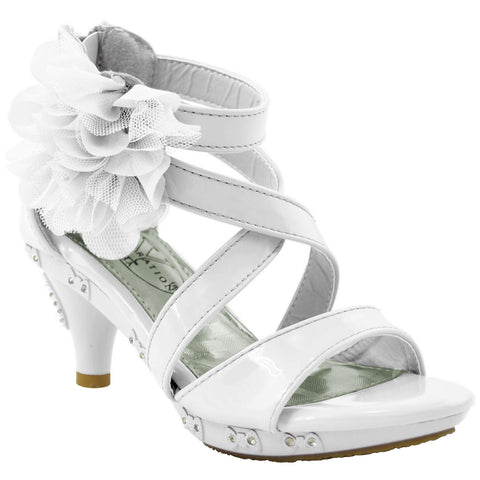 Kids Dress Sandals Rhinestone Bow Accent Strappy Flower High Heel White