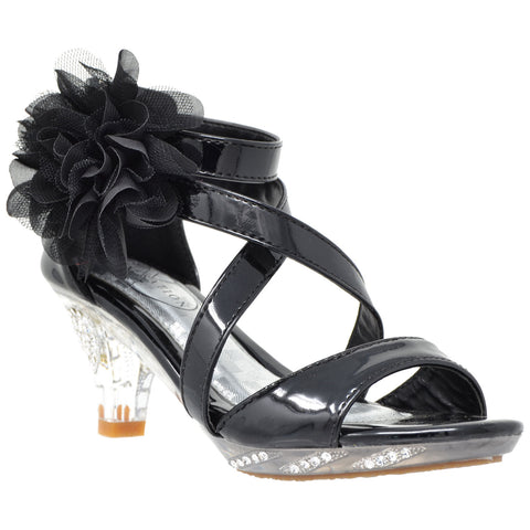 Kids Dress Sandals Strappy Rhinestone Flower Clear High Heel Shoes Black