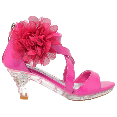 Kids Dress Sandals Strappy Rhinestone Flower Clear High Heel Shoes Fuchsia
