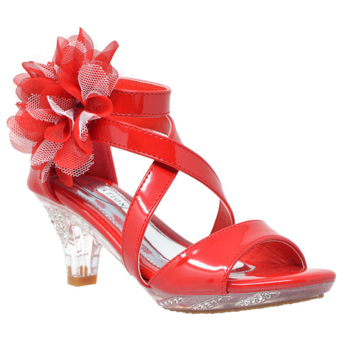 Kids Dress Sandals Strappy Rhinestone Flower Clear High Heel Shoes Red