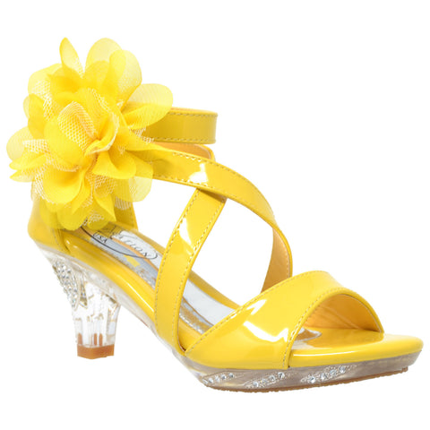 Kids Dress Sandals Strappy Rhinestone Flower Clear High Heel Shoes Yellow