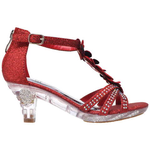 Kids Dress Sandals T-Strap Flower Glitter Rhinestone Clear High Heels Red