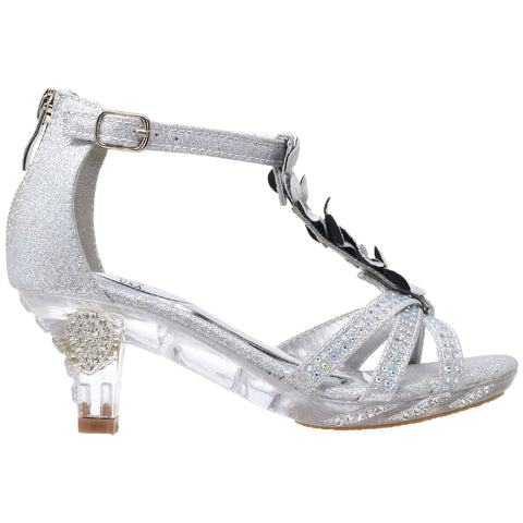 Kids Dress Sandals T-Strap Flower Glitter Rhinestone Clear High Heels Silver