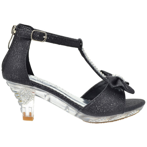 Kids Dress Sandals T-Strap Rhinestone Glitter Clear High Heel Shoes Black