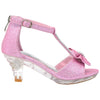Kids Dress Sandals T-Strap Rhinestone Glitter Clear High Heel Shoes Pink