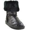 Kids Mid Calf Boots Sequin Pull On Winter Fur Inner Lining black