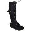 Womens Knee High Boots Lace Up Combat Buckle Straps Shoes black
