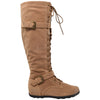 Womens Knee High Boots Lace Up Combat Buckle Strap Accent Shoes Camel
