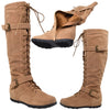 Womens Knee High Boots Lace Up Combat Buckle Strap Accent Shoes Camel