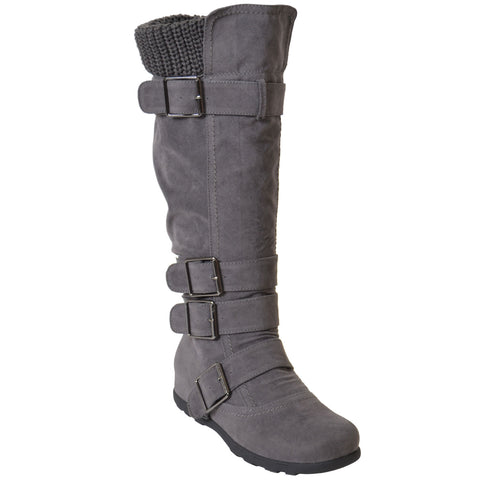 Womens Knee High Boots Ruched Suede Knitted Calf Buckles Rubber Sole Gray
