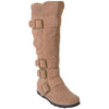 Womens Knee High Boots Ruched Suede Knitted Calf Buckles Rubber Sole Taupe