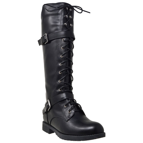 Womens Knee High Boots Combat Lace Up Buckle Block Heel Shoes Black