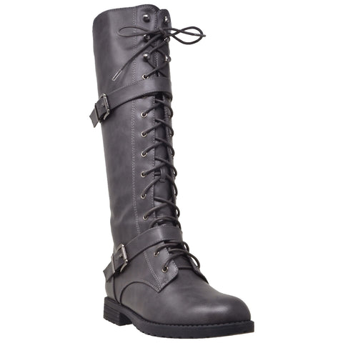 Womens Knee High Boots Combat Lace Up Buckle Block Heel Shoes Gray