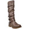 Womens Knee High Boots Strappy Ruched Leather Adjustable Buckle Shoes Taupe