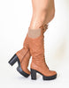 Womens Combat Heeled Knee High Boots Tan