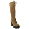 Womens Combat Heeled Knee High Boots Taupe