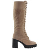Combat Knee High  Boots Lace Up Chunky Heel Knitted Cuff Camel Suede