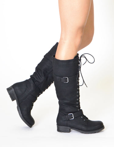 Womens Knee High Lace Up Western Boots Black