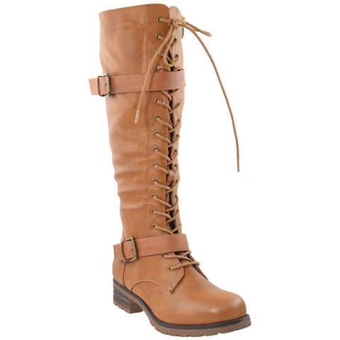 Womens Knee High Lace Up Western Boots Camel