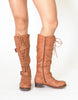 Womens Knee High Lace Up Western Boots Tan