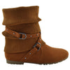 Womens Ankle Boots Slouch Knitted and Suede Cross Strap Buckles Tan