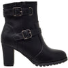 Womens Ankle Boots Gold Buckle Strap  Block Heel Booties Black