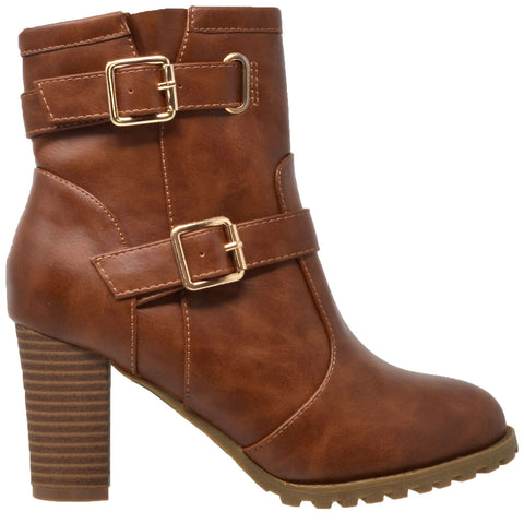 Womens Ankle Boots Gold Buckle Strap  Block Heel Booties Brown
