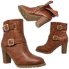 Womens Ankle Boots Gold Buckle Strap  Block Heel Booties Brown