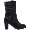 Womens Mid Calf Boots Strappy Buckle Studded Block Heel Shoes Black