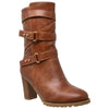 Womens Mid Calf Boots Strappy Buckle Studded Block Heel Shoes Brown