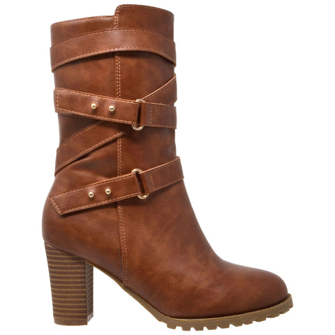 Womens Mid Calf Boots Strappy Buckle Studded Block Heel Shoes Brown