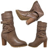 Womens Mid Calf Boots Strappy Buckle Studded Block Heel Shoes Taupe