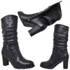 Womens Mid Calf Boots Faux Leather Ruched Strappy Stacked Block Heel Shoes Black